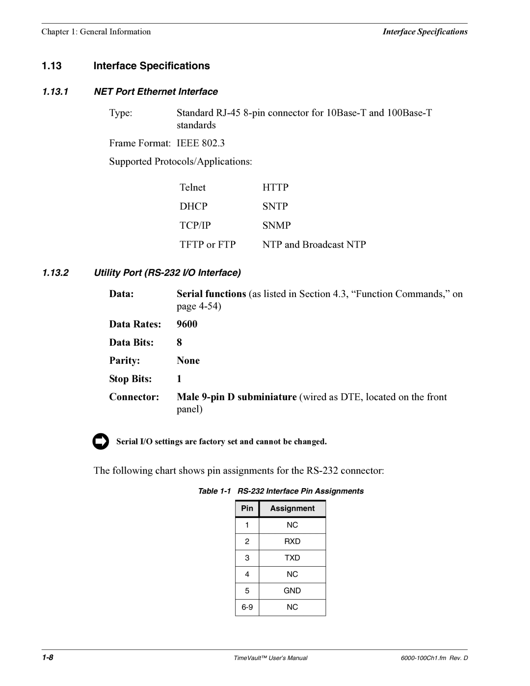 Symmetricom Time Server user manual Interface Specifications, Dhcp Sntp TCP/IP Snmp, Pin Assignment 