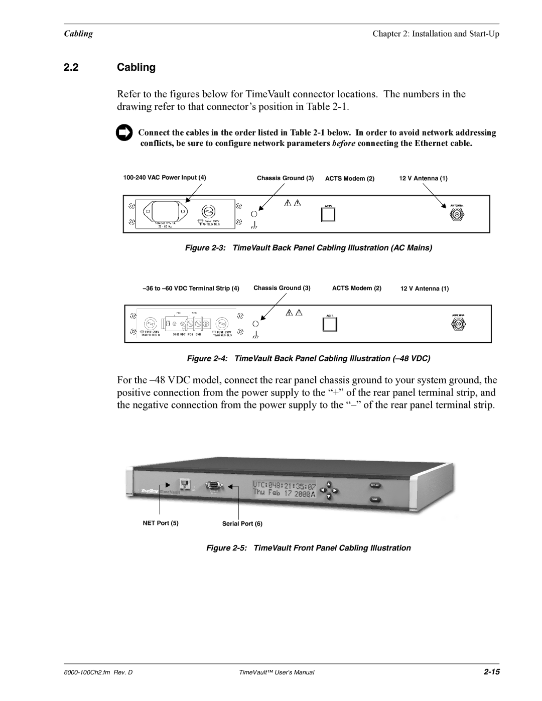 Symmetricom Time Server user manual TimeVault Back Panel Cabling Illustration AC Mains 