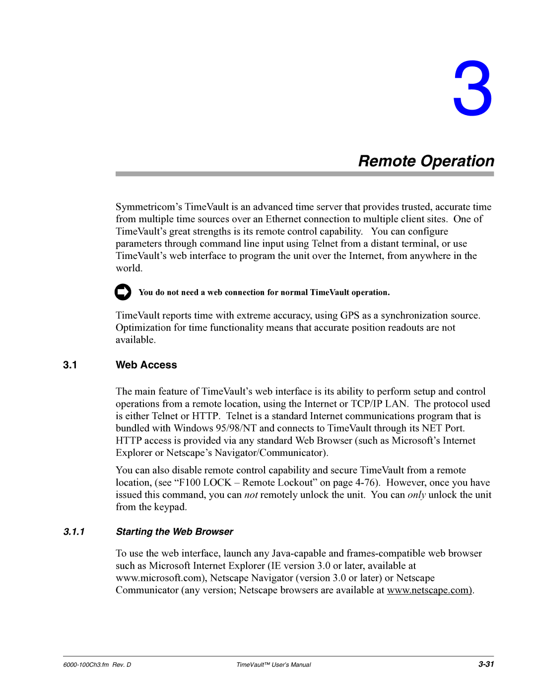 Symmetricom Time Server user manual Remote Operation, Web Access 