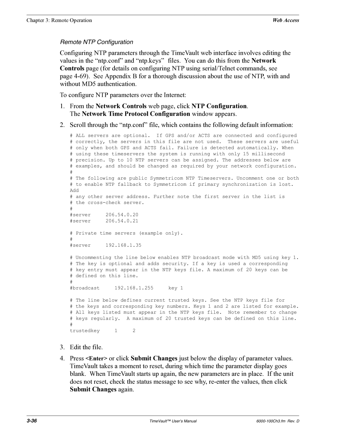 Symmetricom Time Server user manual Remote NTP Configuration 