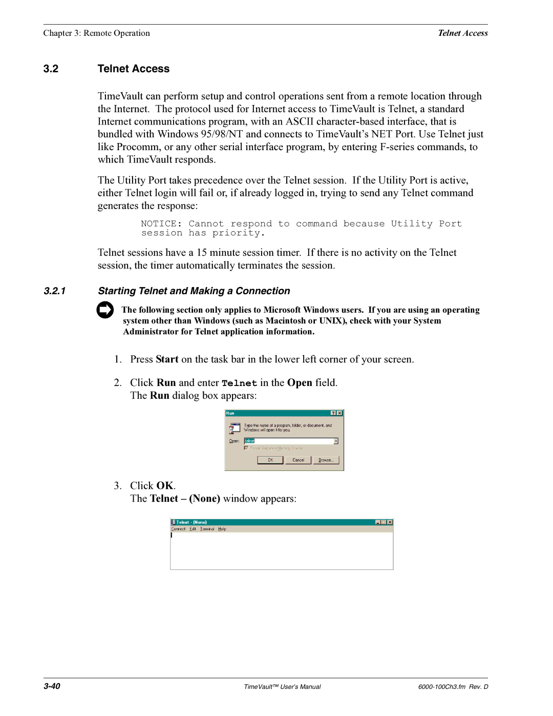 Symmetricom Time Server user manual Telnet Access, Starting Telnet and Making a Connection 