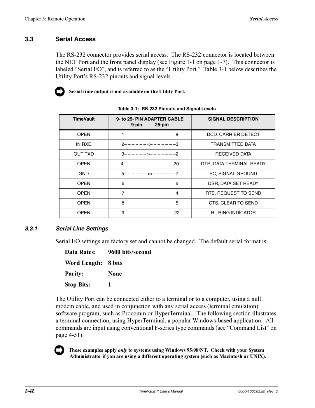 Symmetricom Time Server user manual Serial Access, Pin 25-pin 