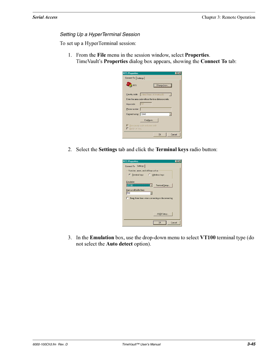 Symmetricom Time Server user manual Setting Up a HyperTerminal Session 