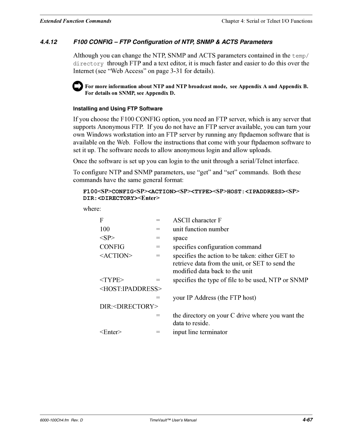 Symmetricom Time Server user manual Config, Action, Type, Hostipaddress, Dirdirectory 