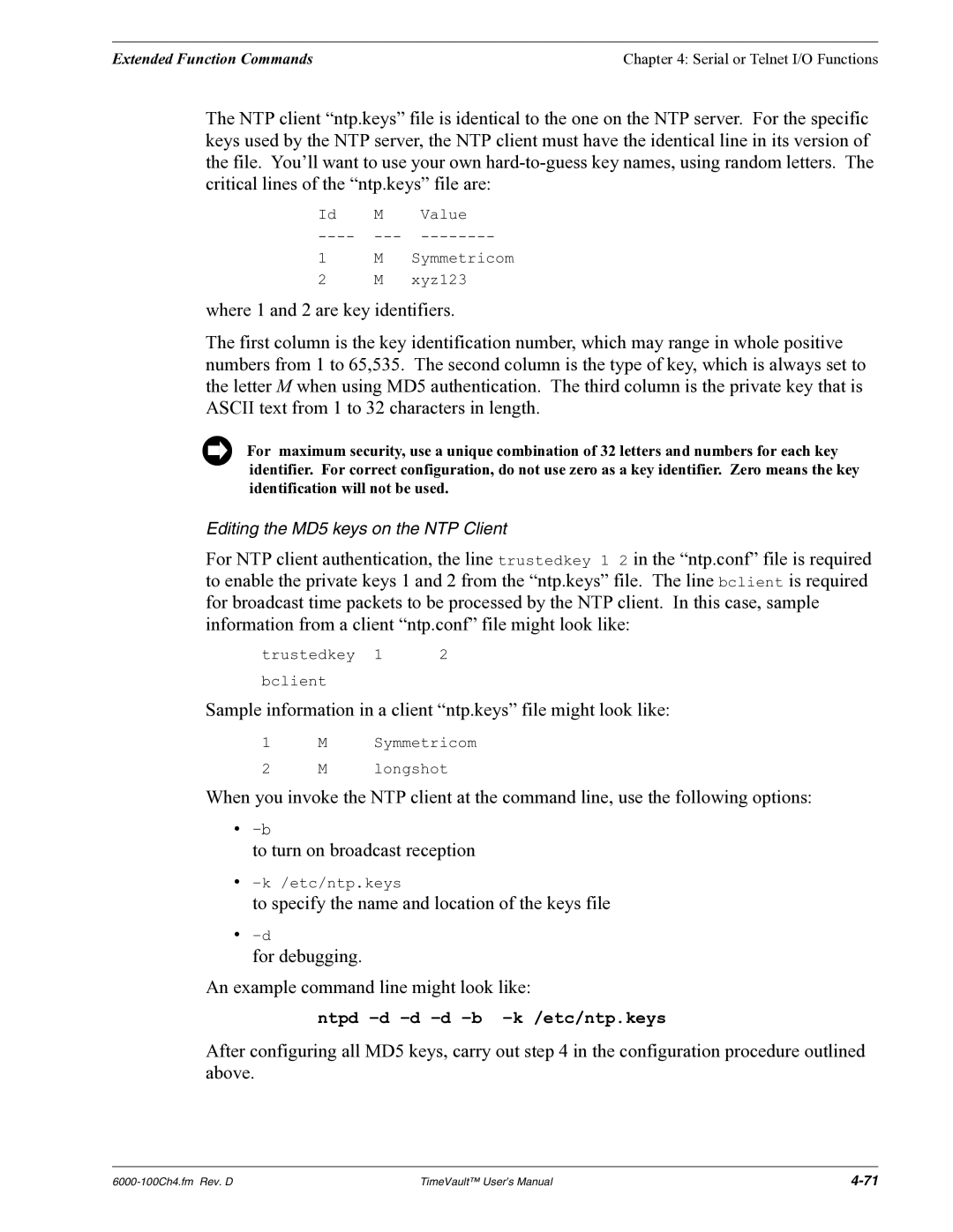 Symmetricom Time Server user manual Sample information in a client ntp.keys file might look like 