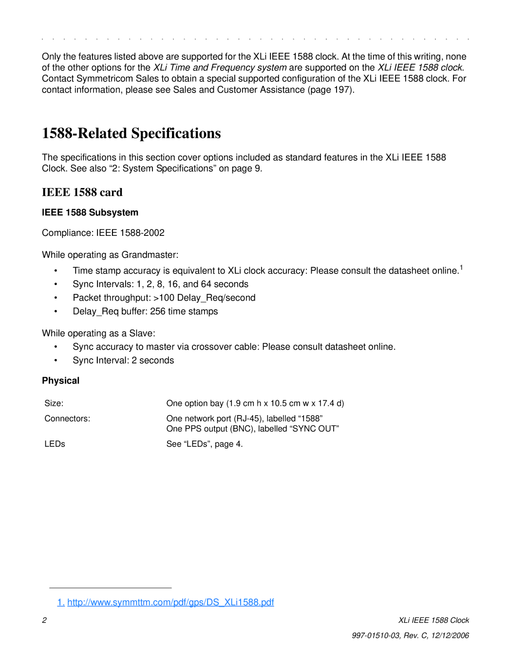 Symmetricom XLi IEEE 1588 manual Related Specifications, Ieee 1588 card, Ieee 1588 Subsystem, Physical 