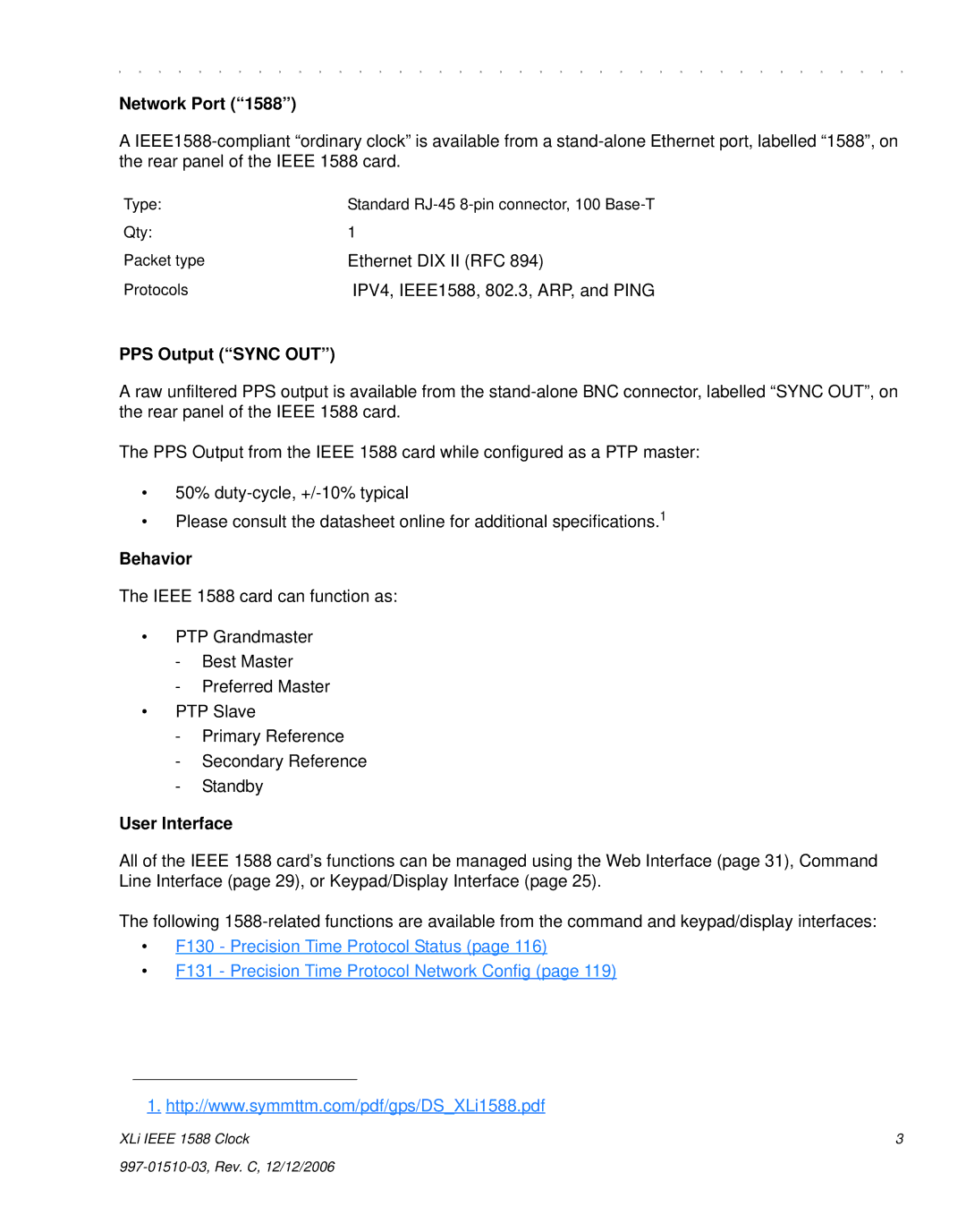 Symmetricom XLi IEEE 1588 manual Network Port, PPS Output Sync OUT, Behavior, User Interface 