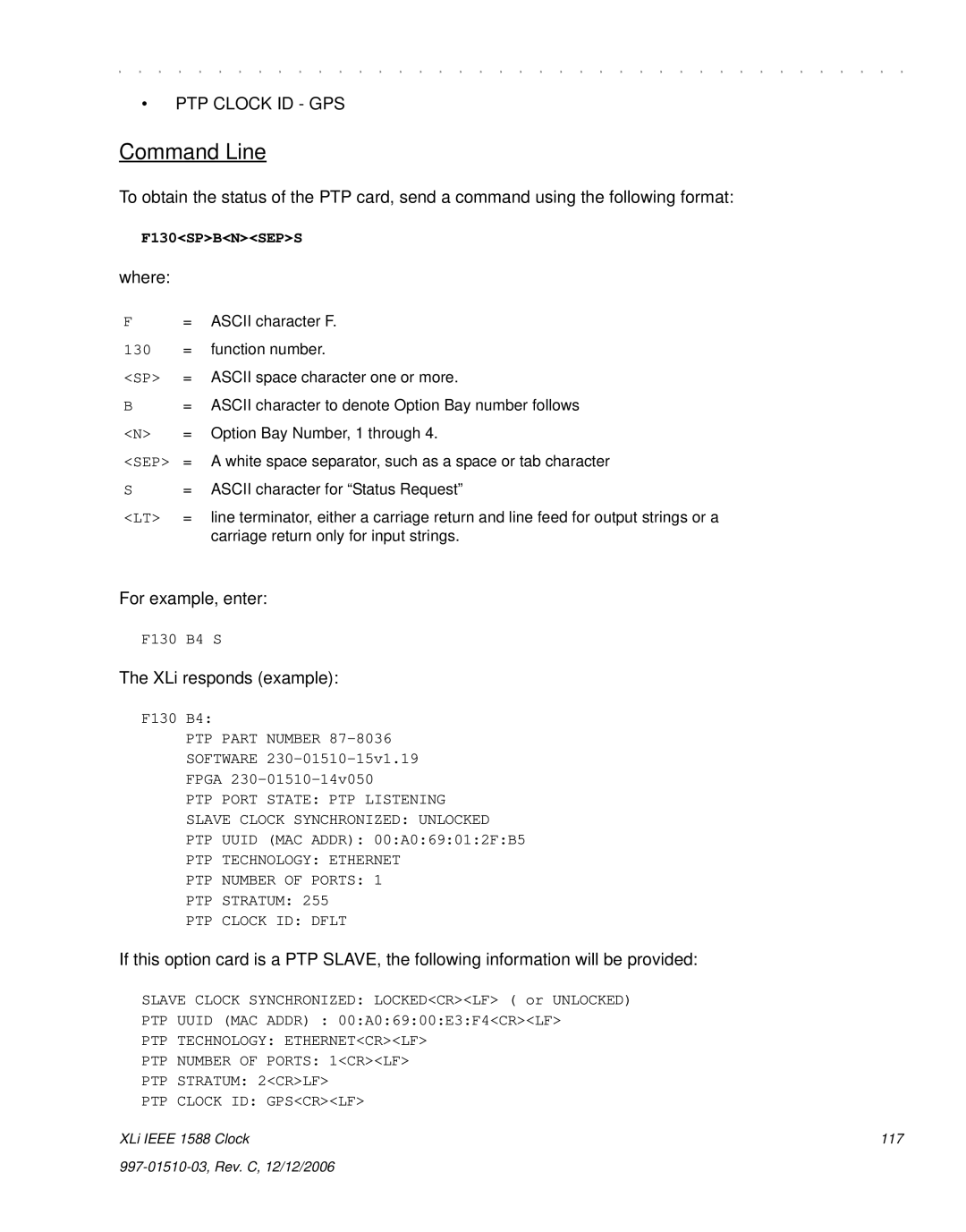 Symmetricom XLi IEEE 1588 manual F130SPBNSEPS, PTP Part Number 