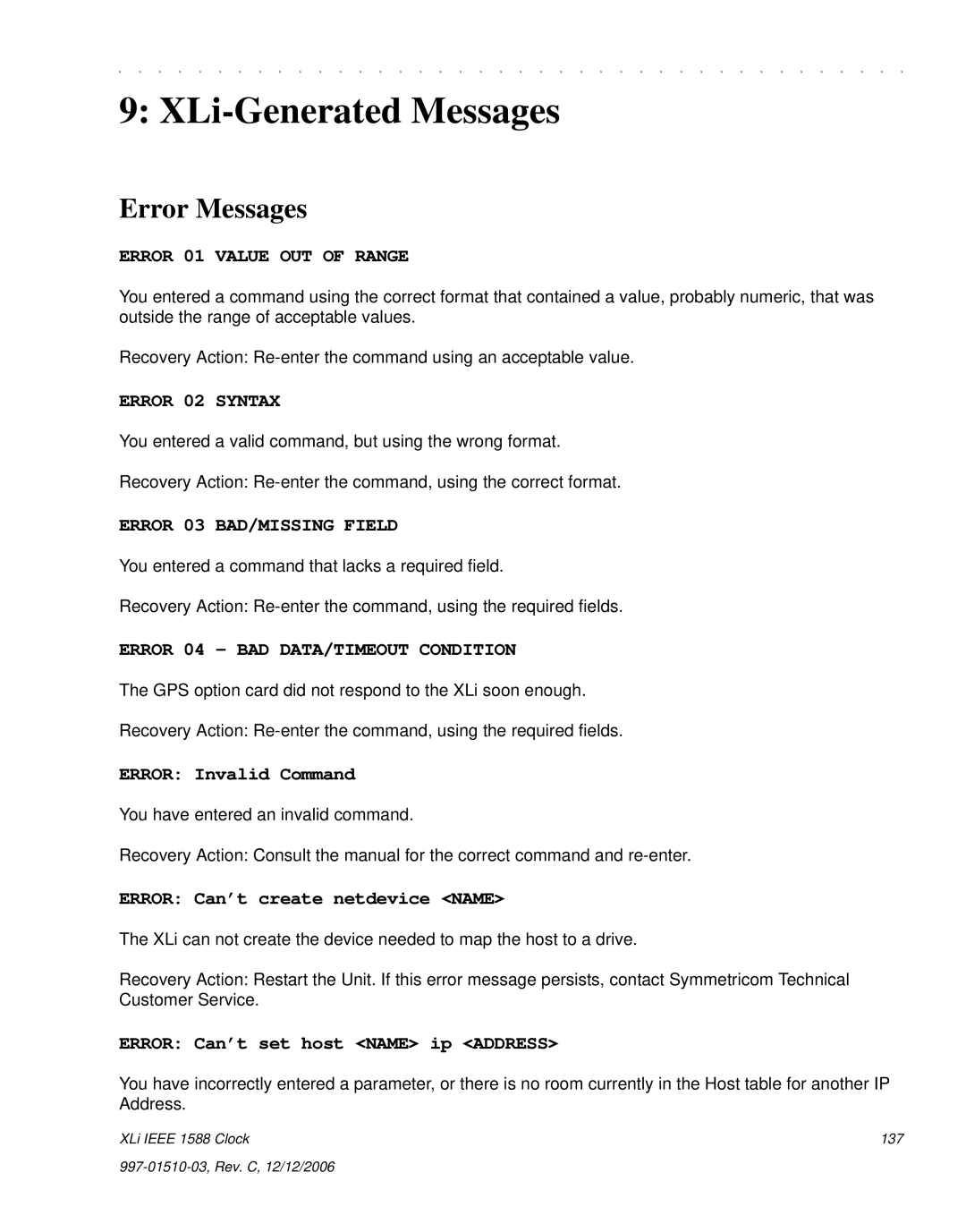 Symmetricom XLi IEEE 1588 manual XLi-Generated Messages, Error Messages 