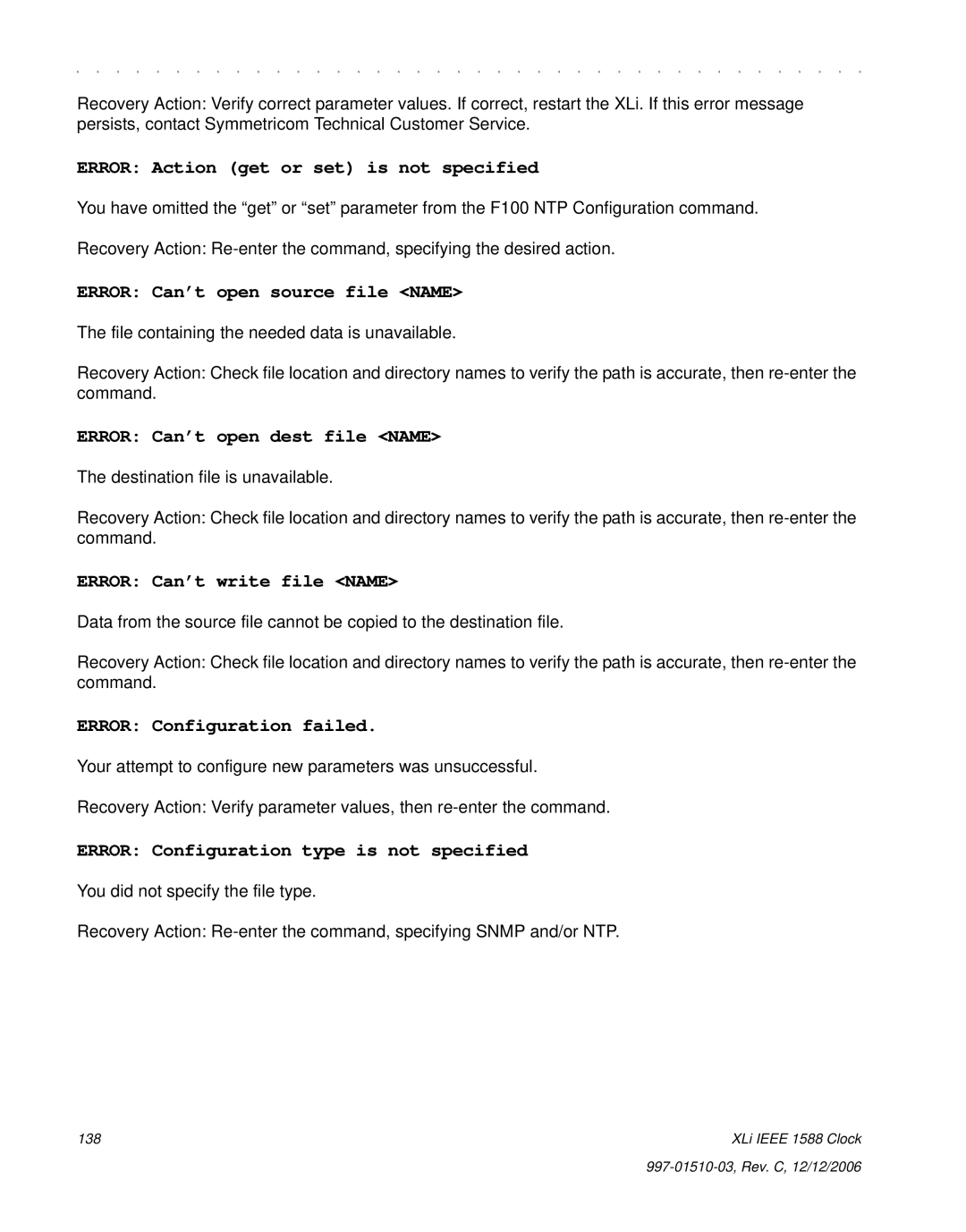 Symmetricom XLi IEEE 1588 manual Error Action get or set is not specified 