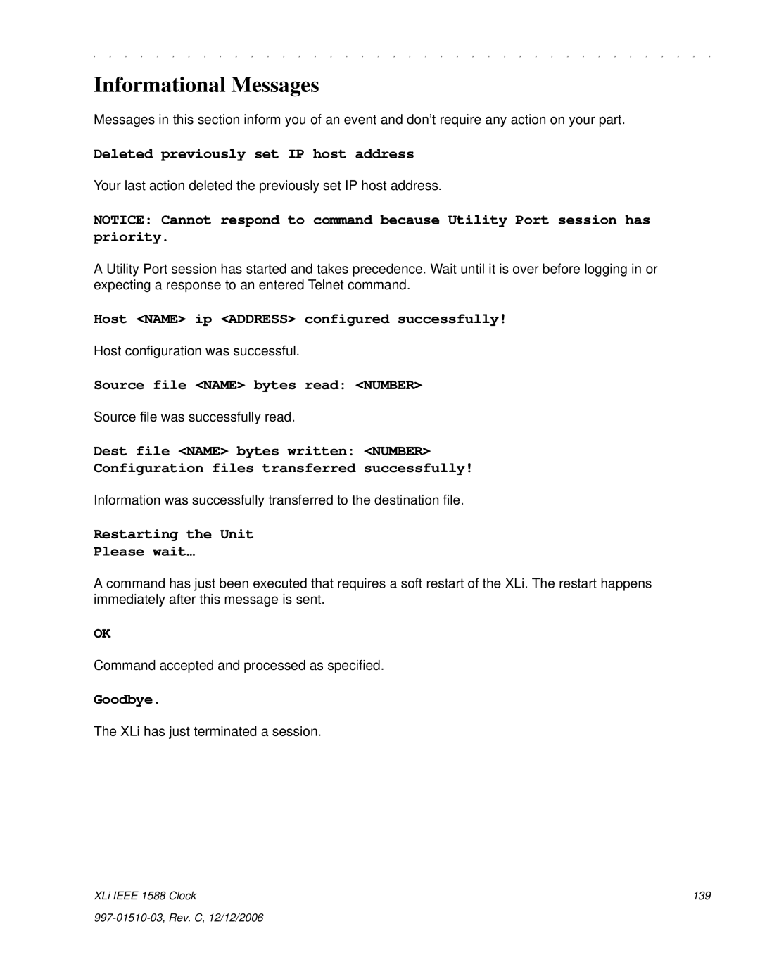 Symmetricom XLi IEEE 1588 Informational Messages, Host configuration was successful, Source file was successfully read 