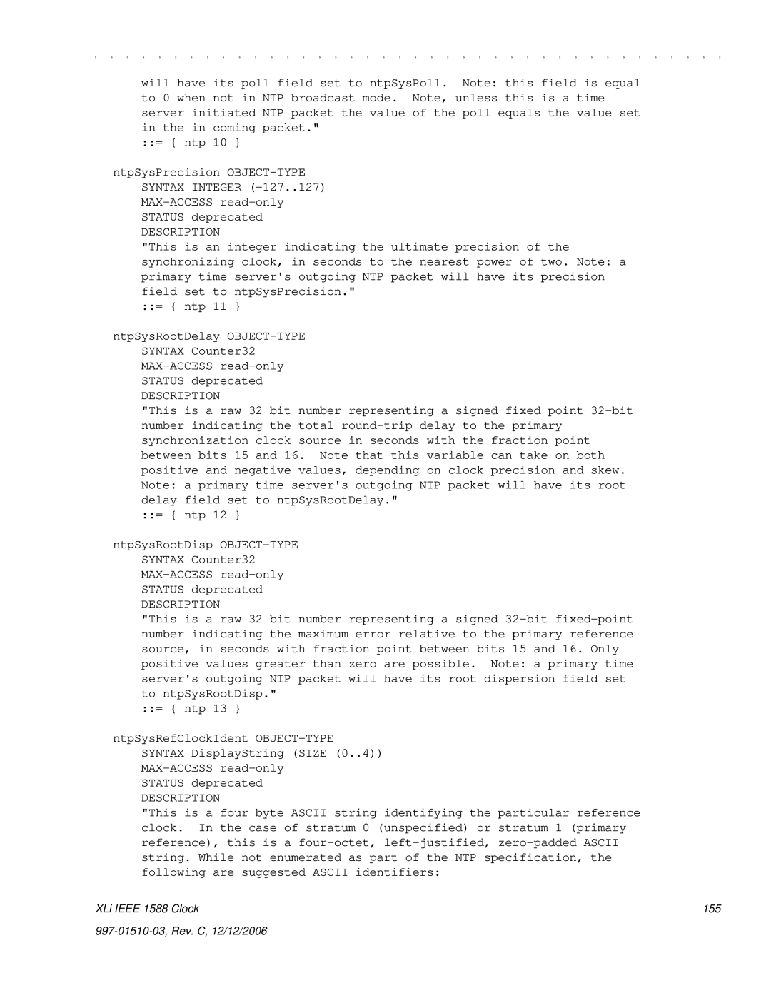 Symmetricom XLi IEEE 1588 manual XLi Ieee 1588 Clock 155 997-01510-03, Rev. C, 12/12/2006 