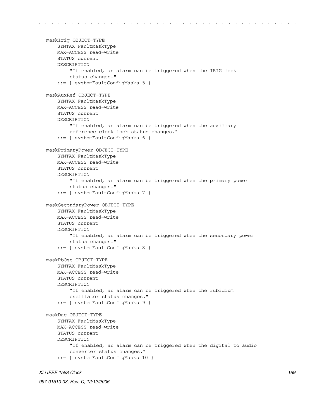 Symmetricom XLi IEEE 1588 manual XLi Ieee 1588 Clock 169 997-01510-03, Rev. C, 12/12/2006 