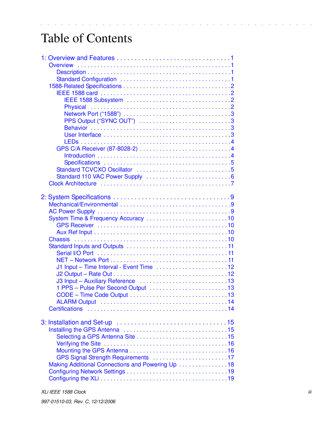 Symmetricom XLi IEEE 1588 manual Table of Contents 