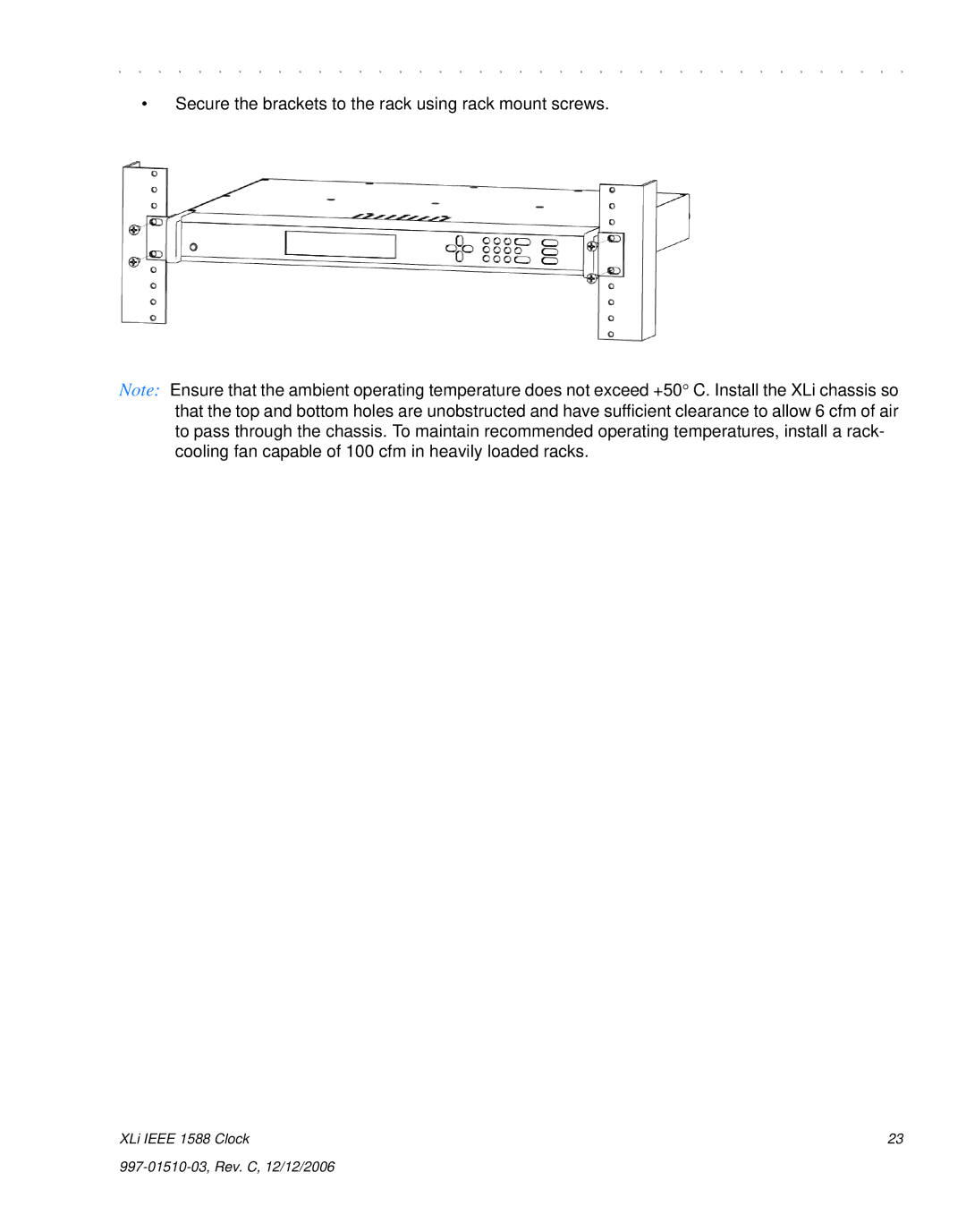 Symmetricom XLi IEEE 1588 manual Secure the brackets to the rack using rack mount screws 