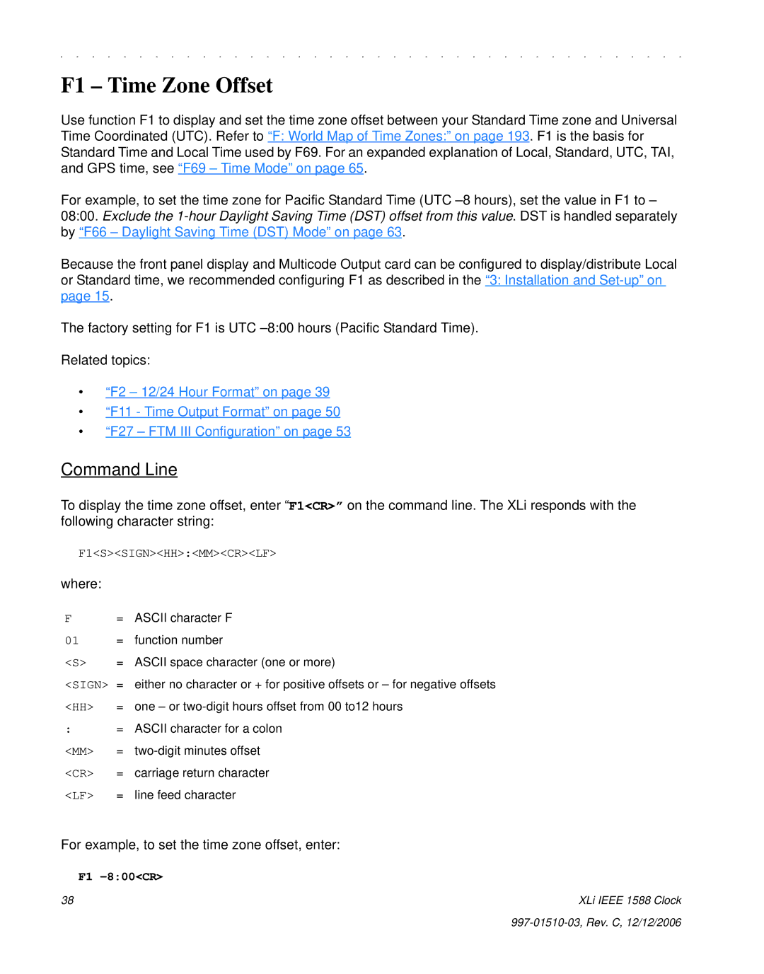 Symmetricom XLi IEEE 1588 F1 Time Zone Offset, For example, to set the time zone offset, enter, F1SSIGNHHMMCRLF, Sign 