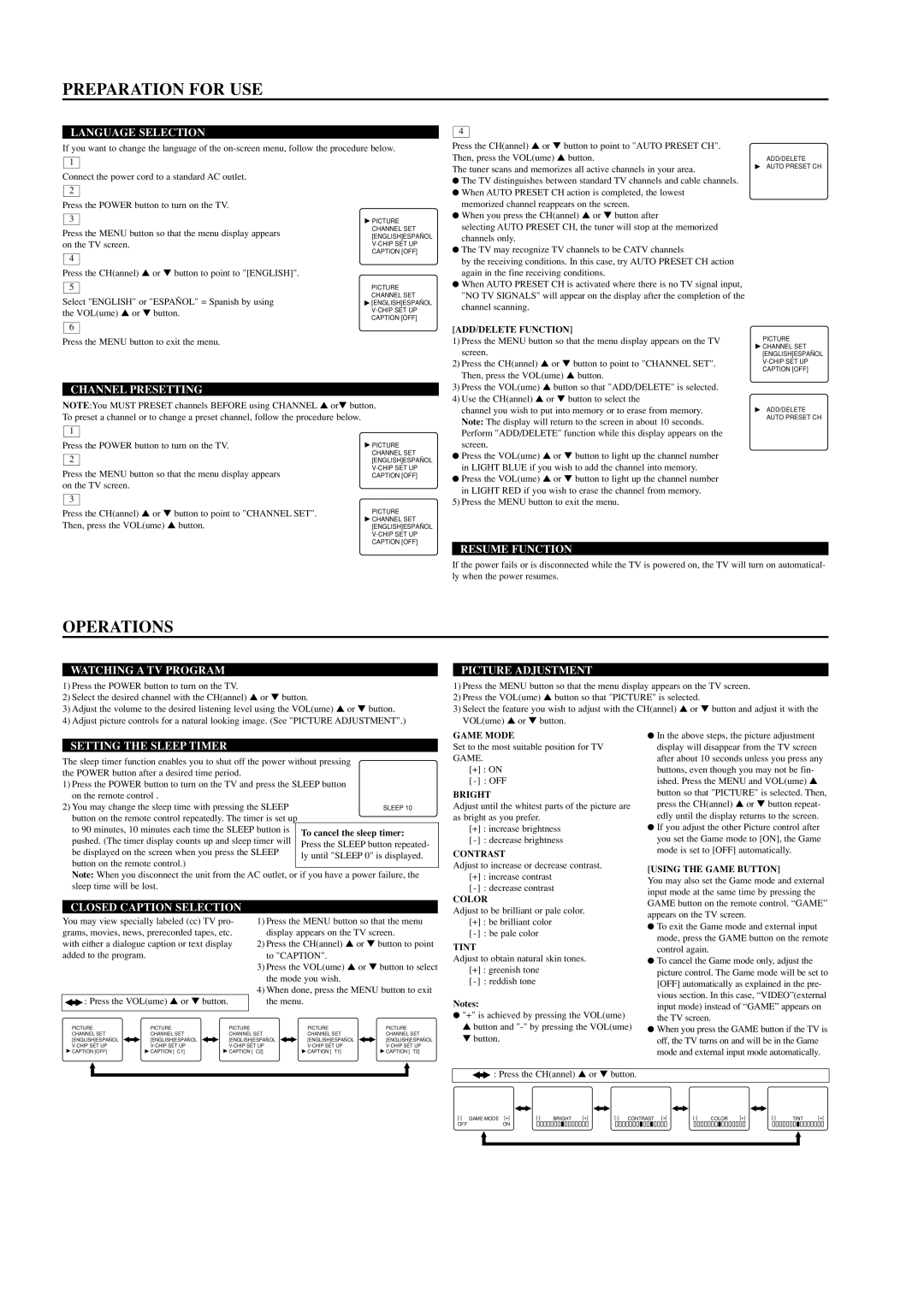 Symphonic 6413TE, 6419TE owner manual Preparation for USE, Operations 