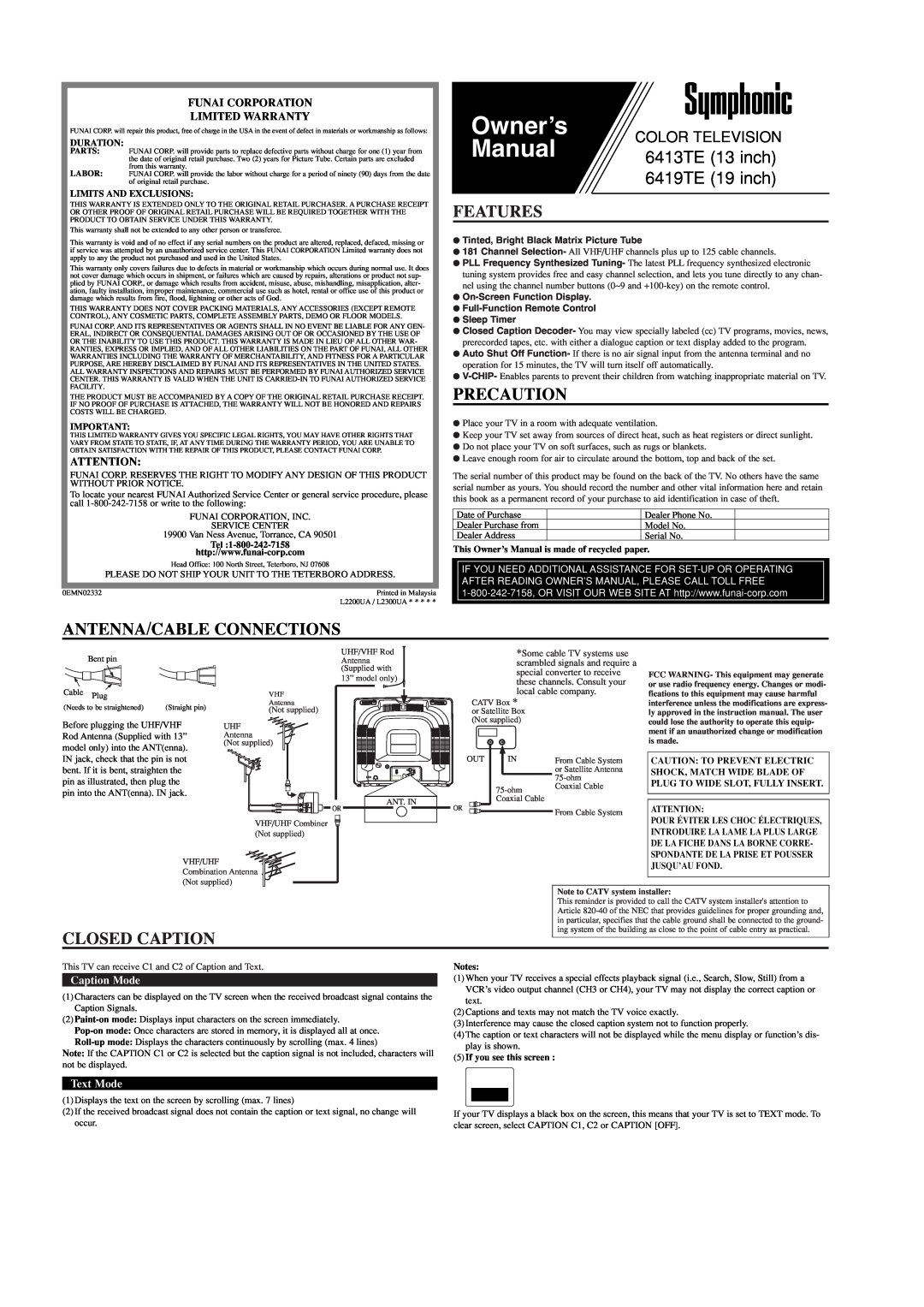 Symphonic 6413TE, 6419TE owner manual Features, Precaution, Antenna/Cable Connections, Closed Caption, Caption Mode 