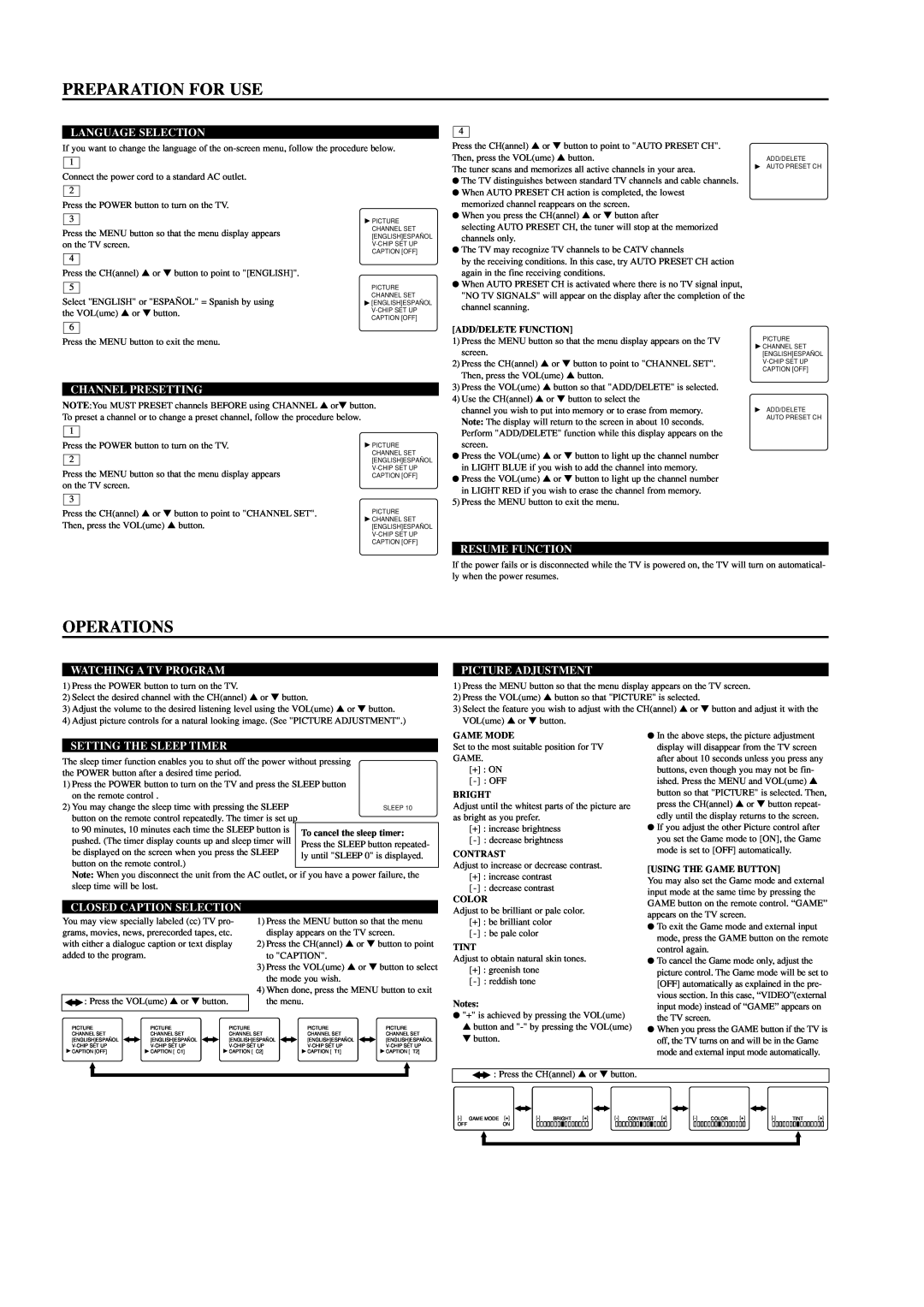 Symphonic 6413TE, 6419TE Preparation For Use, Operations, Language Selection, Channel Presetting, Resume Function, Bright 