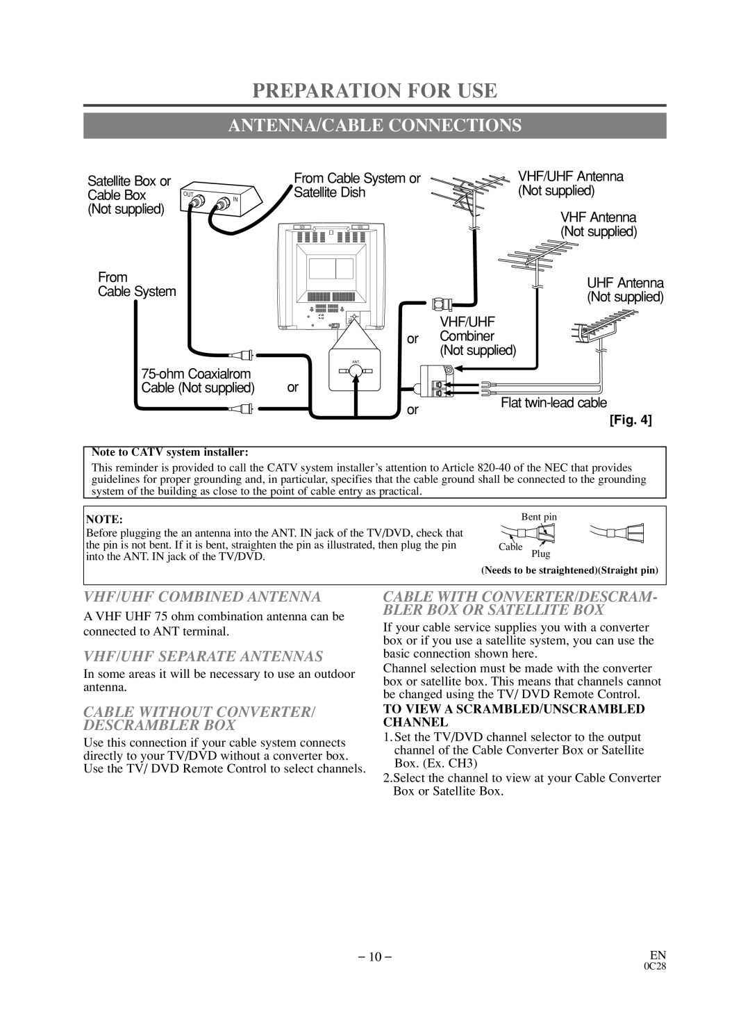 Symphonic BL519DD Preparation for USE, ANTENNA/CABLE Connections, VHF/UHF Combined Antenna, VHF/UHF Separate Antennas 