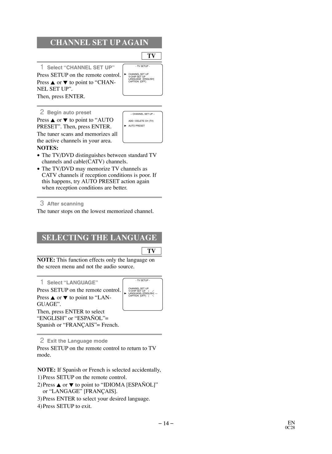 Symphonic BL519DD owner manual Channel SET UP Again, Selecting the Language, Tuner stops on the lowest memorized channel 