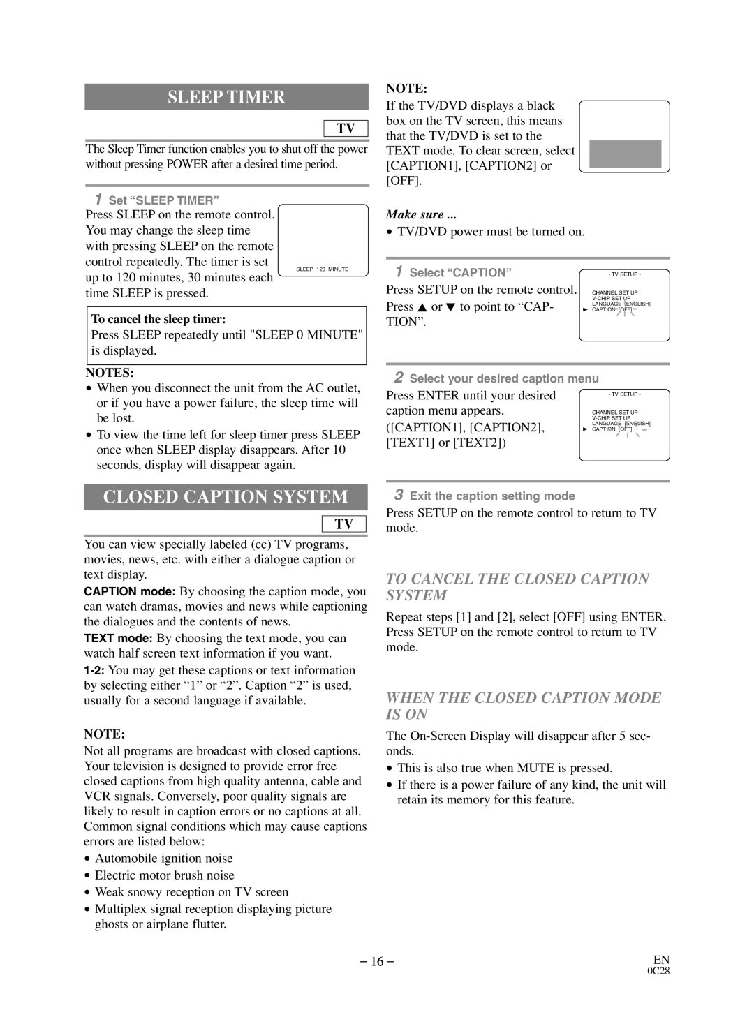 Symphonic BL519DD owner manual Sleep Timer, To Cancel the Closed Caption System, When the Closed Caption Mode is on 