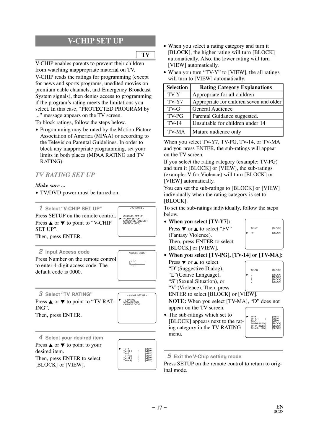 Symphonic BL519DD owner manual Chip SET UP, TV Rating SET UP, Selection Rating Category Explanations, When you select TV-Y7 