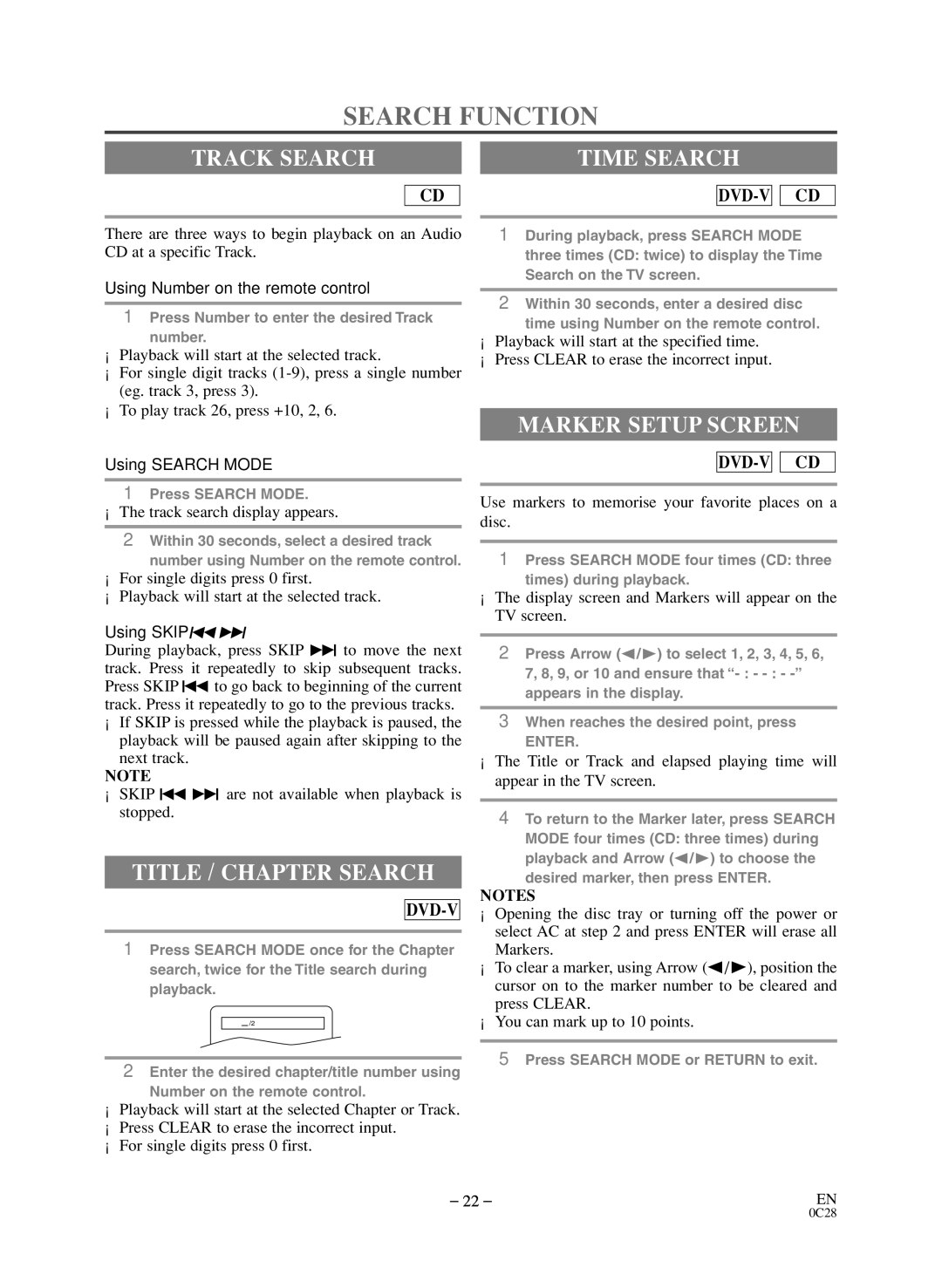 Symphonic BL519DD owner manual Search Function, Track Search, Title / Chapter Search, Marker Setup Screen 