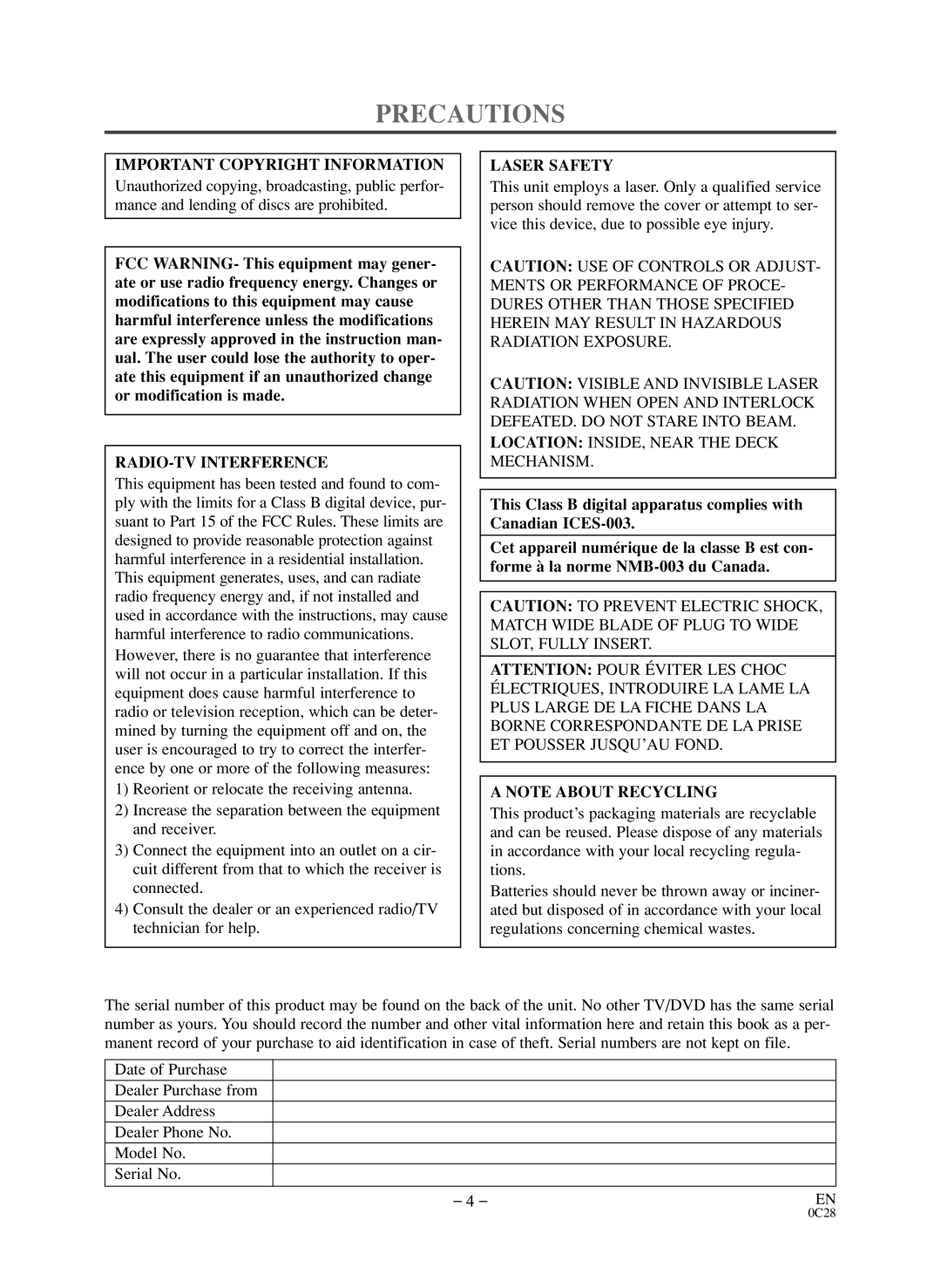 Symphonic BL519DD owner manual Precautions, Important Copyright Information, RADIO-TV Interference, Laser Safety 