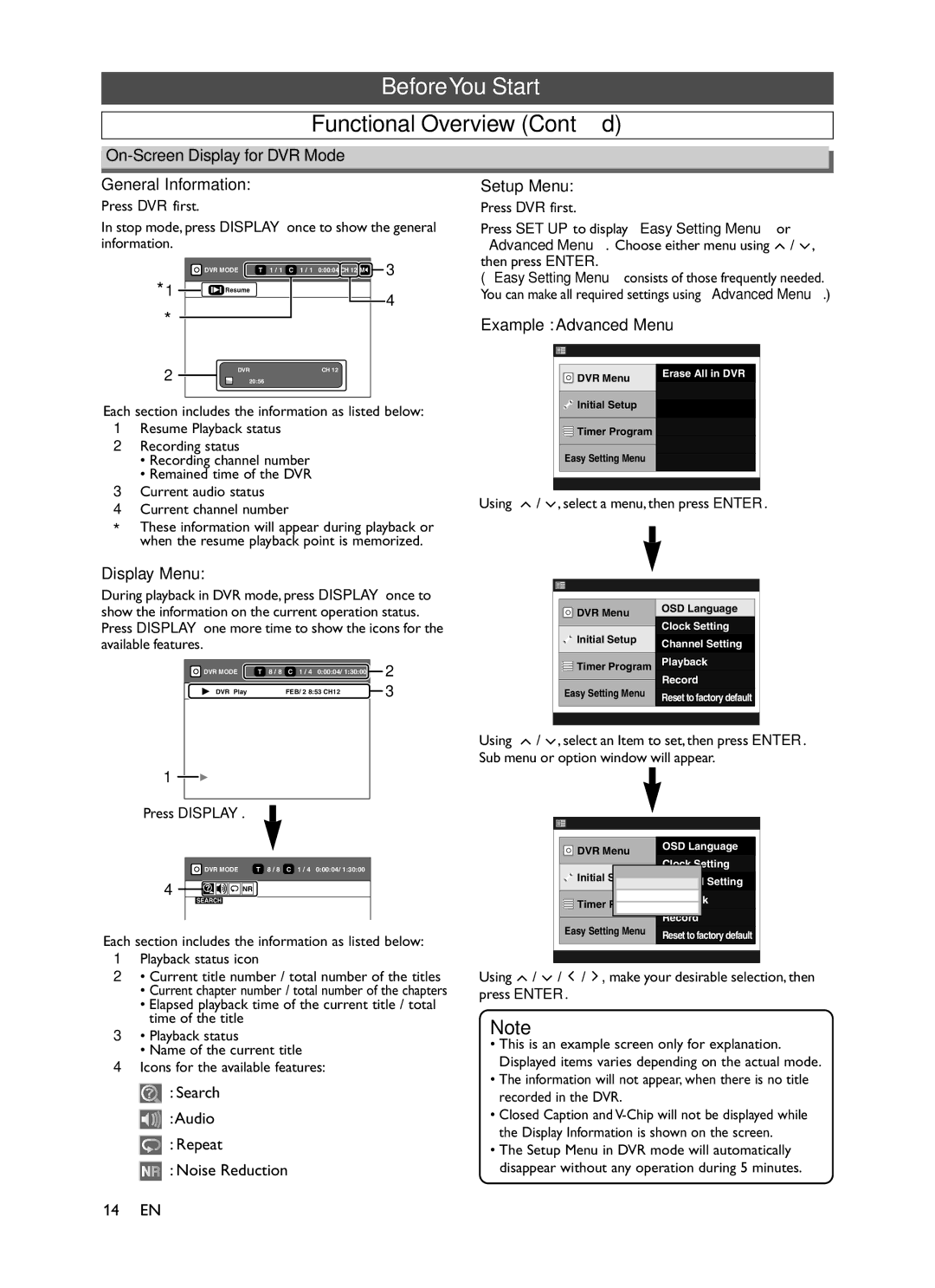 Symphonic CHSP80G On-Screen Display for DVR Mode General Information, Display Menu, Example Advanced Menu, Setup Menu 