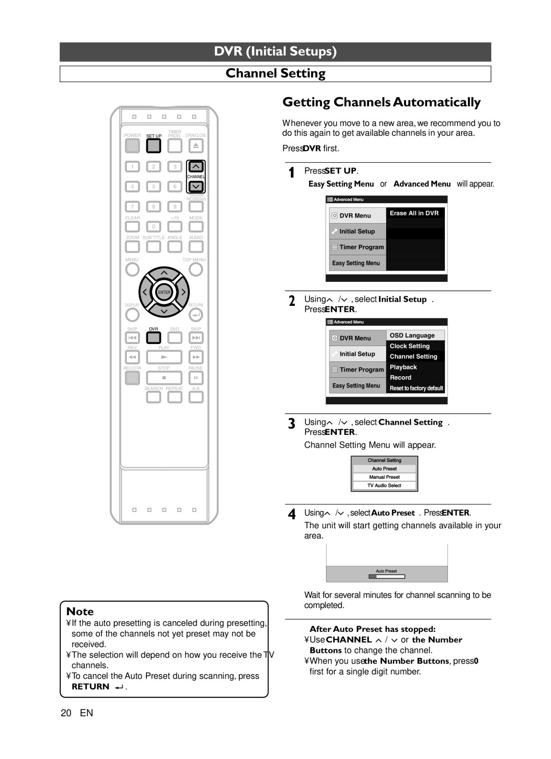 Symphonic CHSP80G owner manual Getting Channels Automatically, Press DVR first Press SET UP, Select Channel Setting 