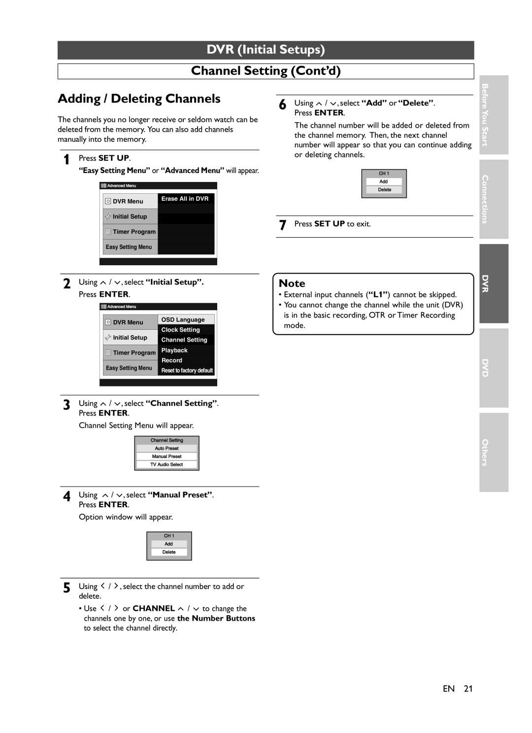 Symphonic CHSP80G Channel Setting Cont’d Adding / Deleting Channels, Easy Setting Menu or Advanced Menu will appear 