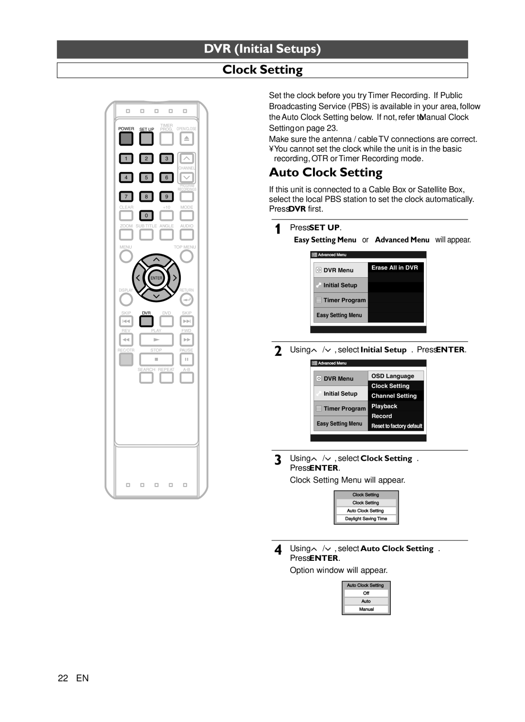 Symphonic CHSP80G owner manual Select Clock Setting, Select Auto Clock Setting 