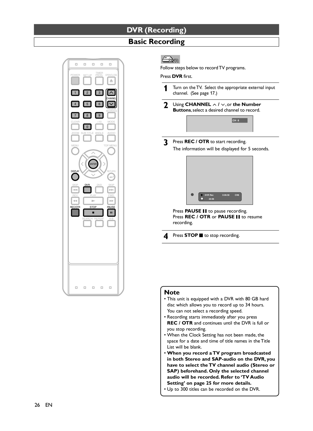 Symphonic CHSP80G owner manual DVR Recording, Basic Recording, Using Channel / , or the Number 