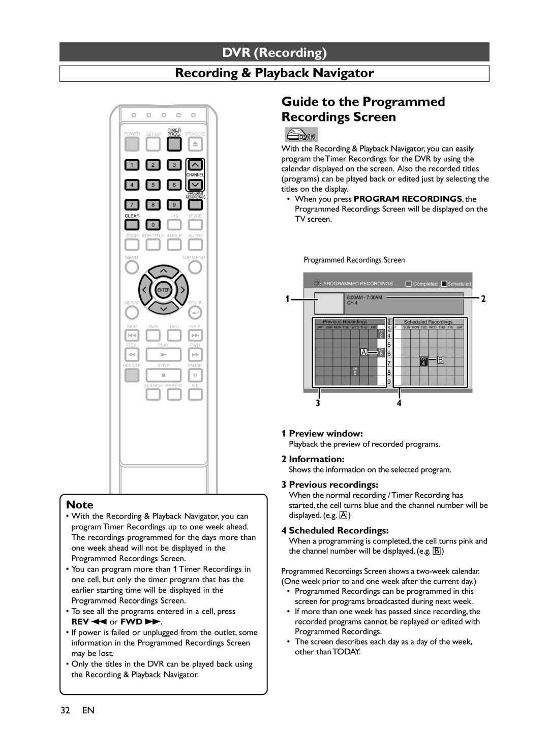 Symphonic CHSP80G owner manual Preview window, Information, Previous recordings, Scheduled Recordings 