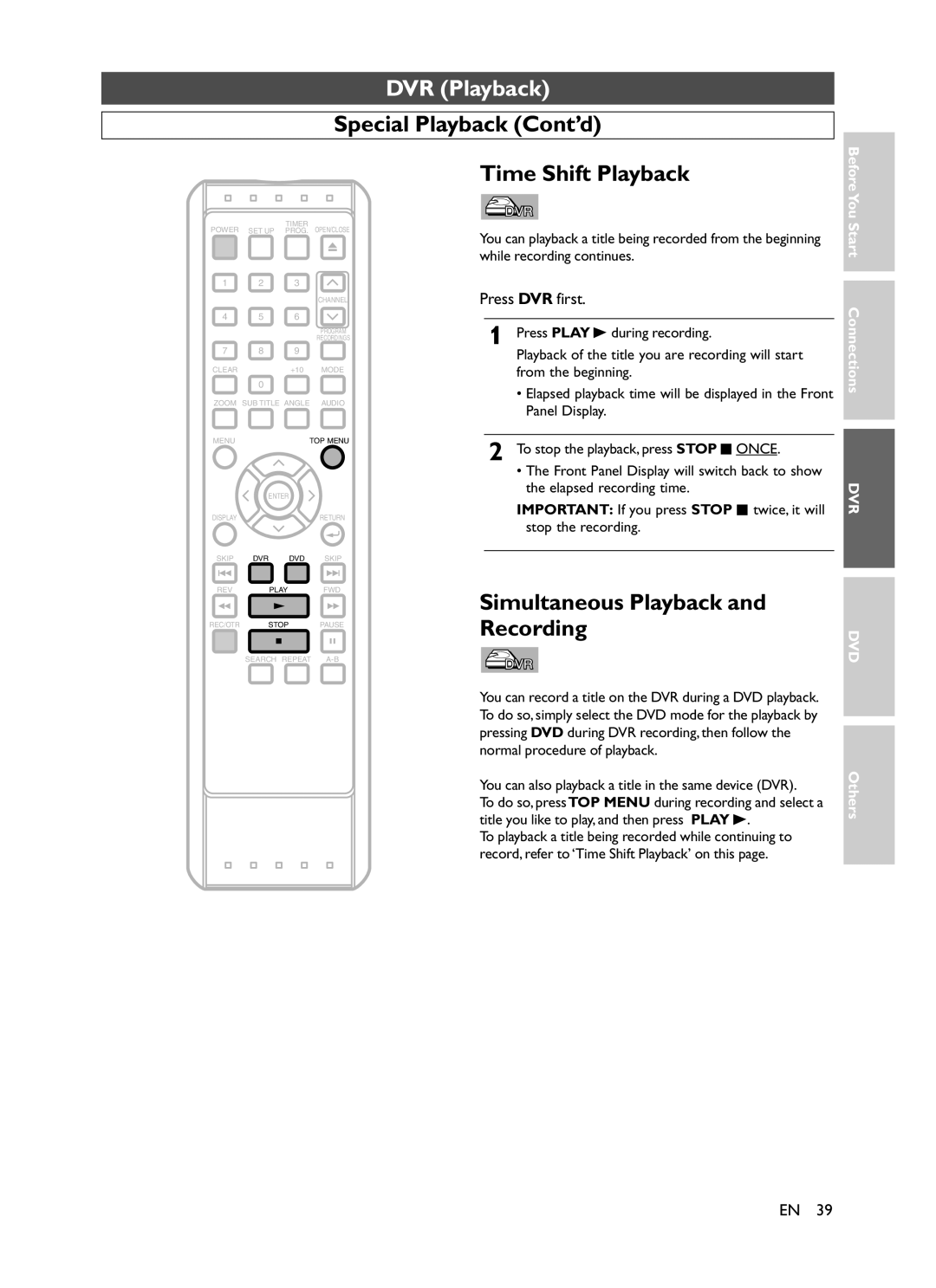 Symphonic CHSP80G Special Playback Cont’d Time Shift Playback, Simultaneous Playback and Recording, Start Connections 