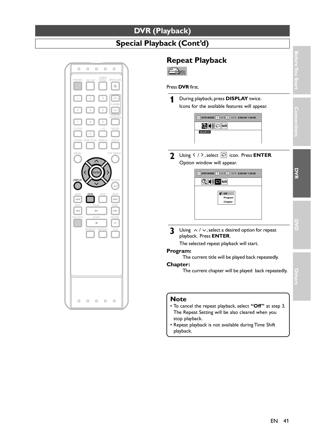 Symphonic CHSP80G Special Playback Cont’d Repeat Playback, Program, Chapter, Using / , select, Option window will appear 