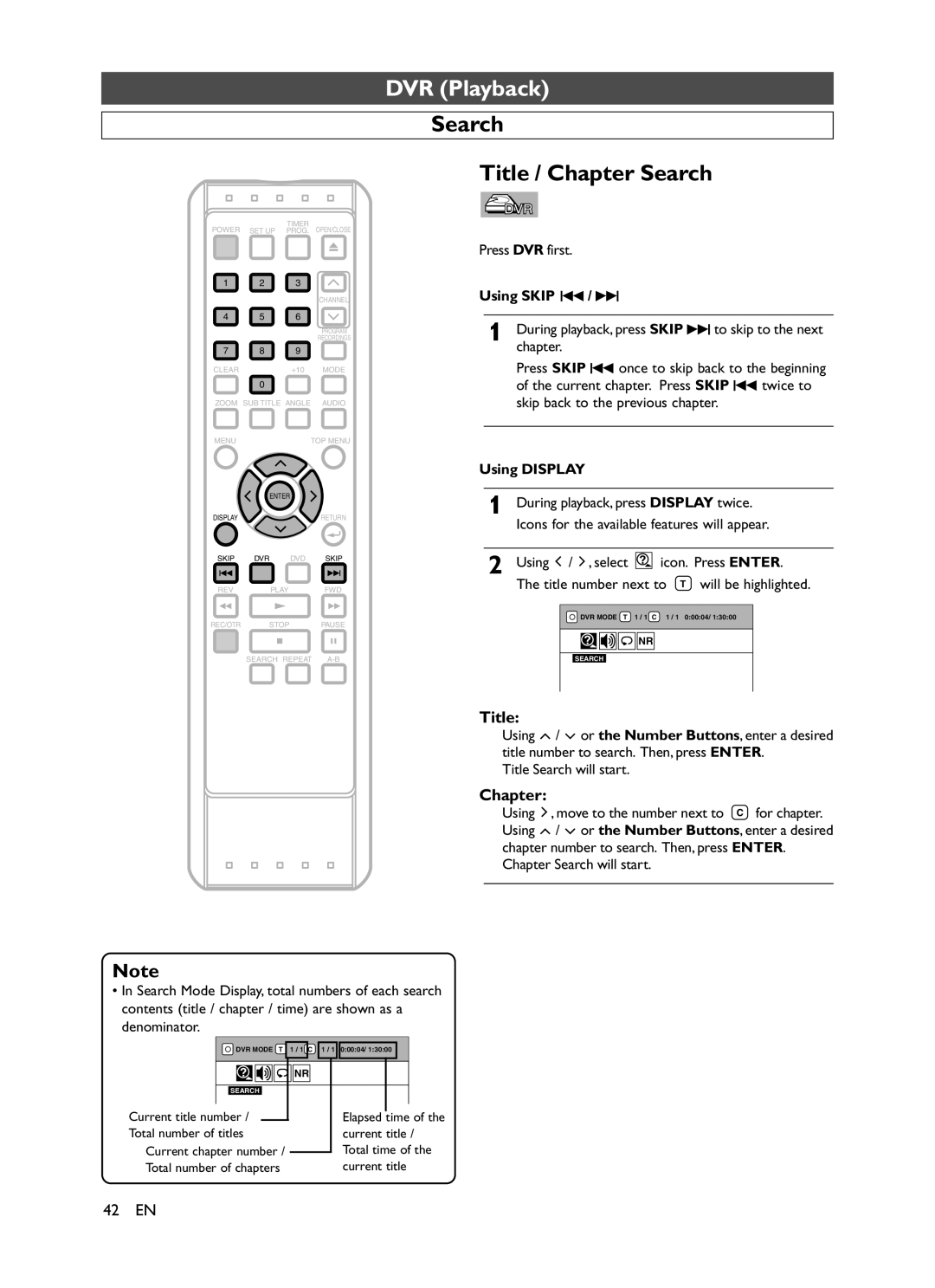 Symphonic CHSP80G owner manual Search Title / Chapter Search, Using Skip H / G, Using Display 