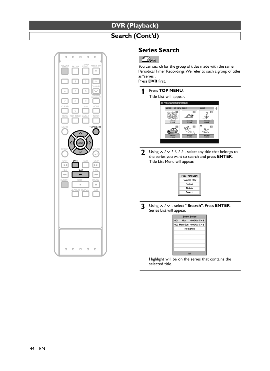 Symphonic CHSP80G owner manual Search Cont’d Series Search, Using / , select Search. Press Enter, Series List will appear 