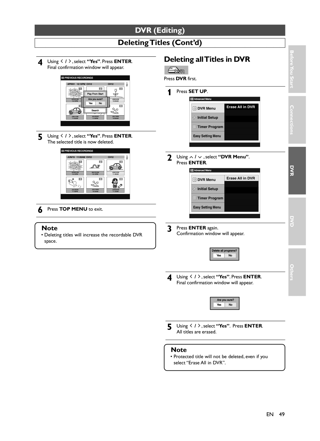 Symphonic CHSP80G owner manual Deleting Titles Cont’d, Press DVR first, Press SET UP, Using Select DVR Menu, Press Enter 