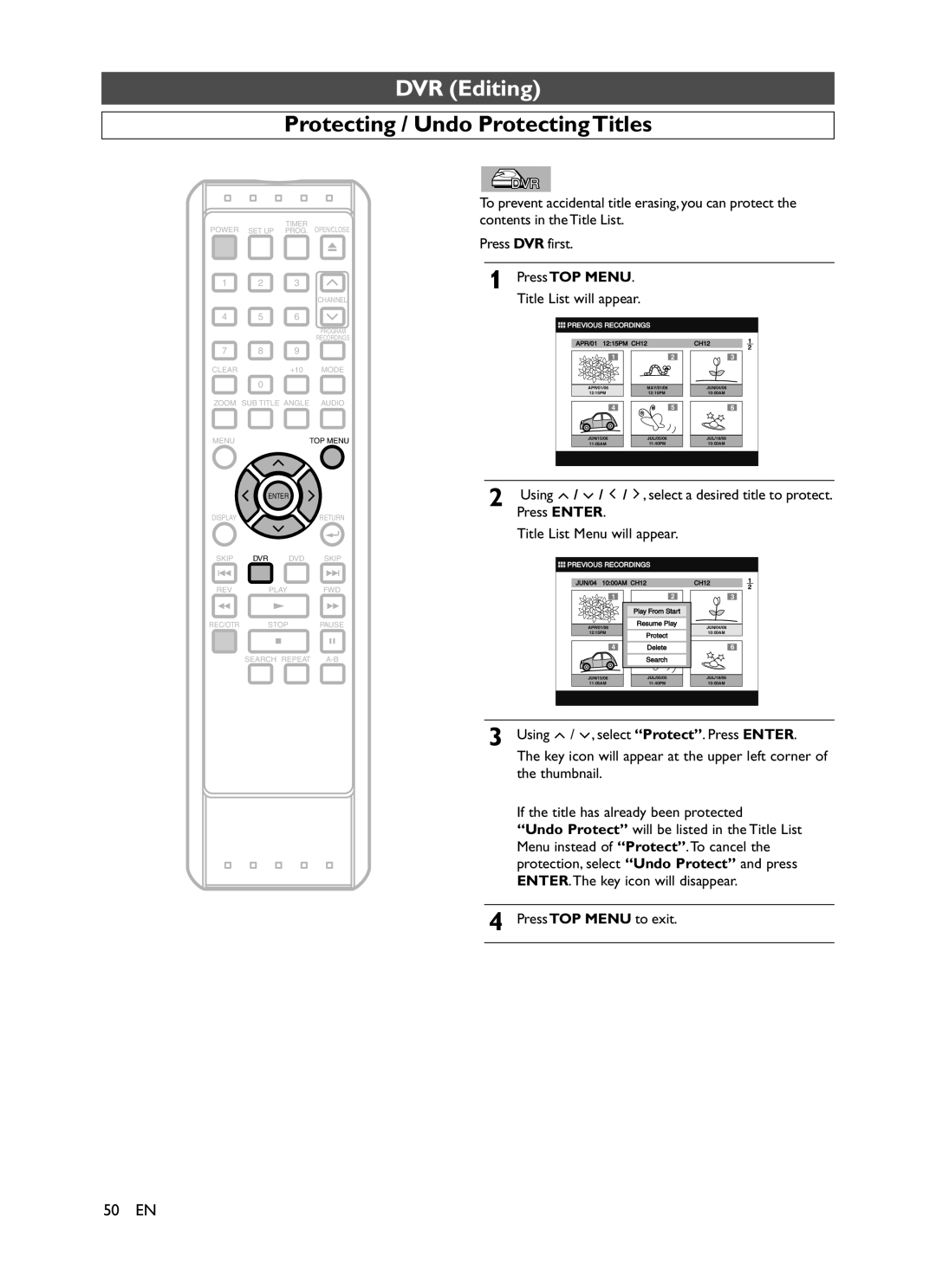 Symphonic CHSP80G owner manual Protecting / Undo Protecting Titles 