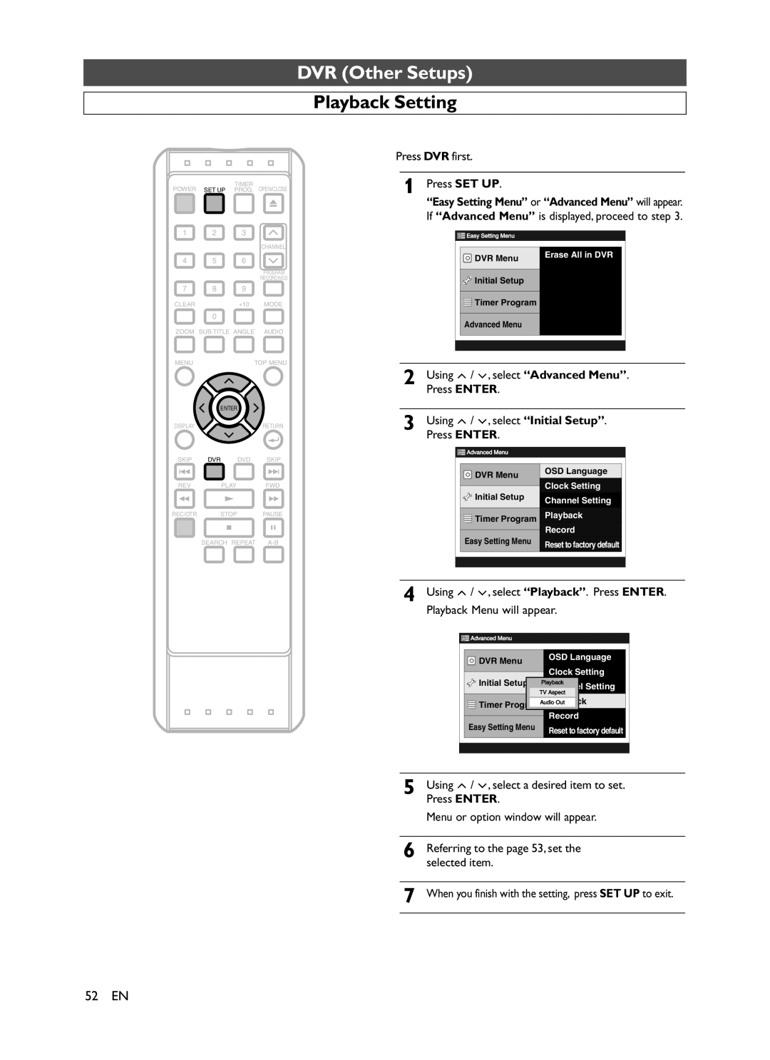 Symphonic CHSP80G owner manual Playback Setting, Select Advanced Menu, Press Enter Using, Playback Menu will appear 