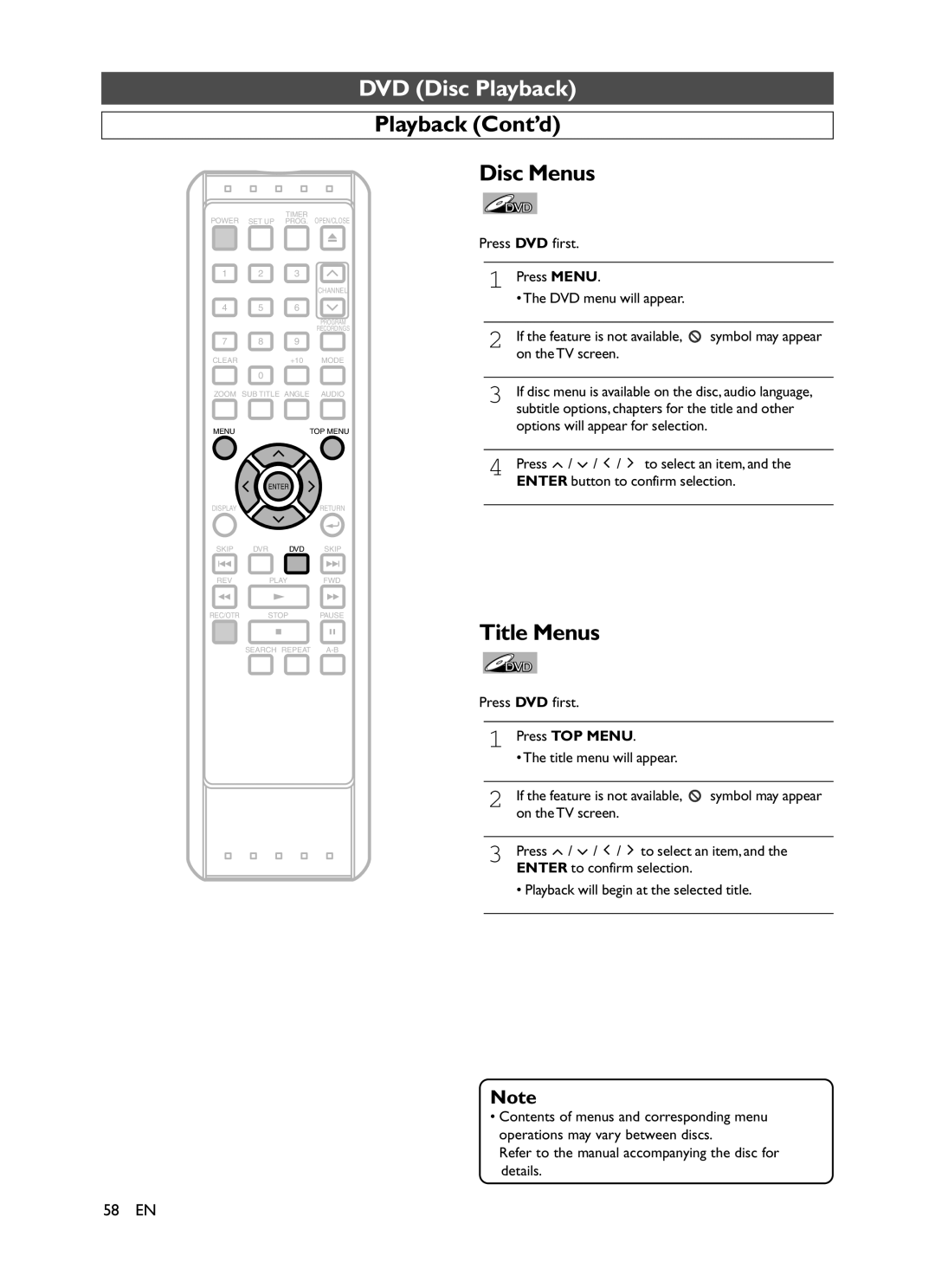 Symphonic CHSP80G owner manual Playback Cont’d Disc Menus, Title Menus 