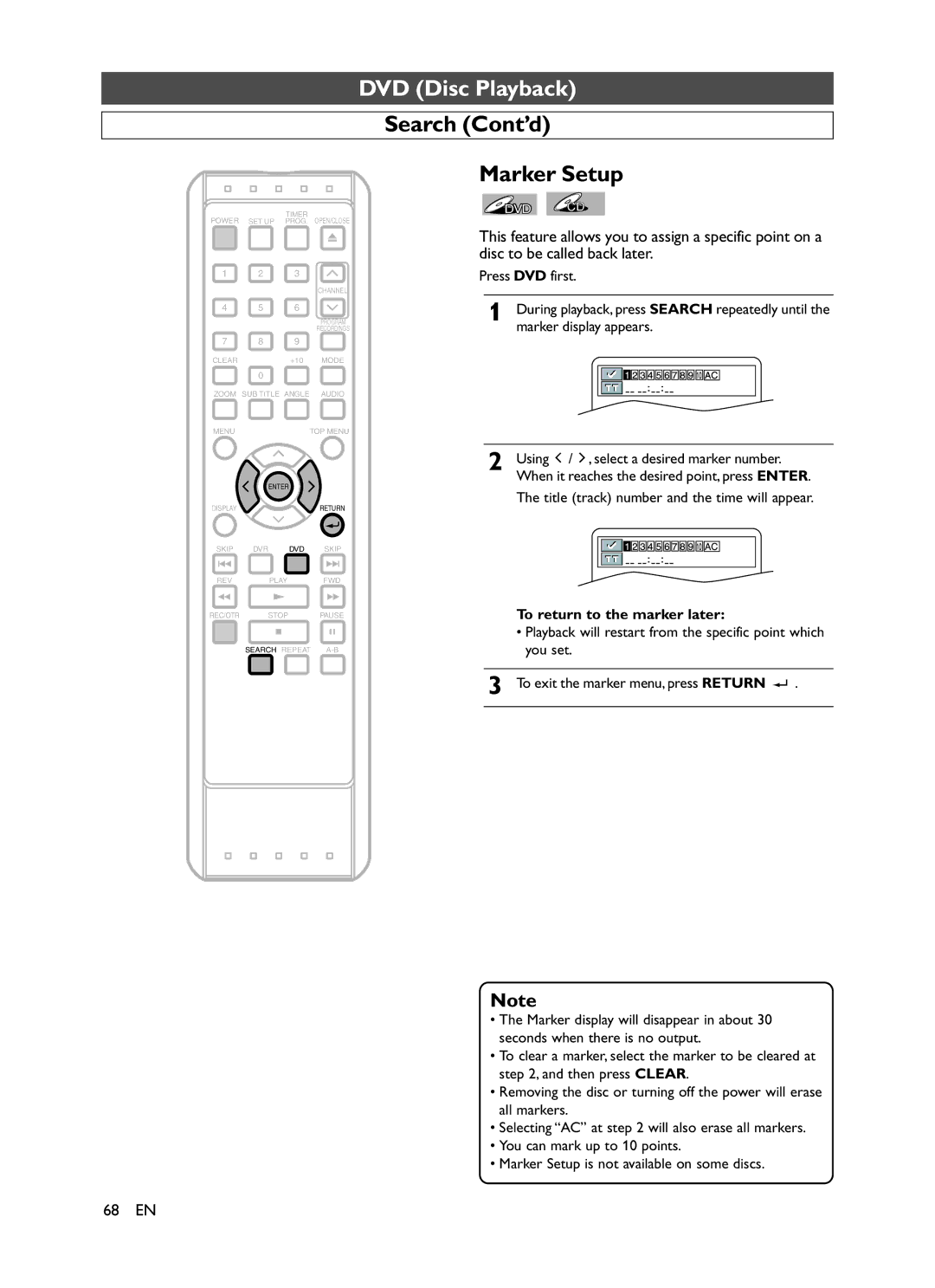 Symphonic CHSP80G Search Cont’d Marker Setup, Title track number and the time will appear, To return to the marker later 