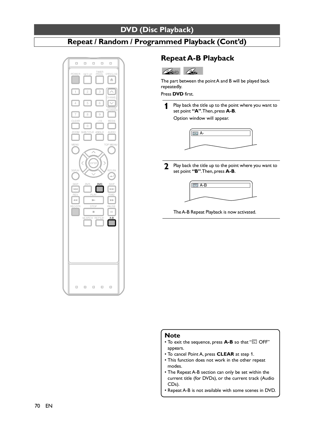 Symphonic CHSP80G owner manual Repeat / Random / Programmed Playback Cont’d, Repeat A-B Playback 