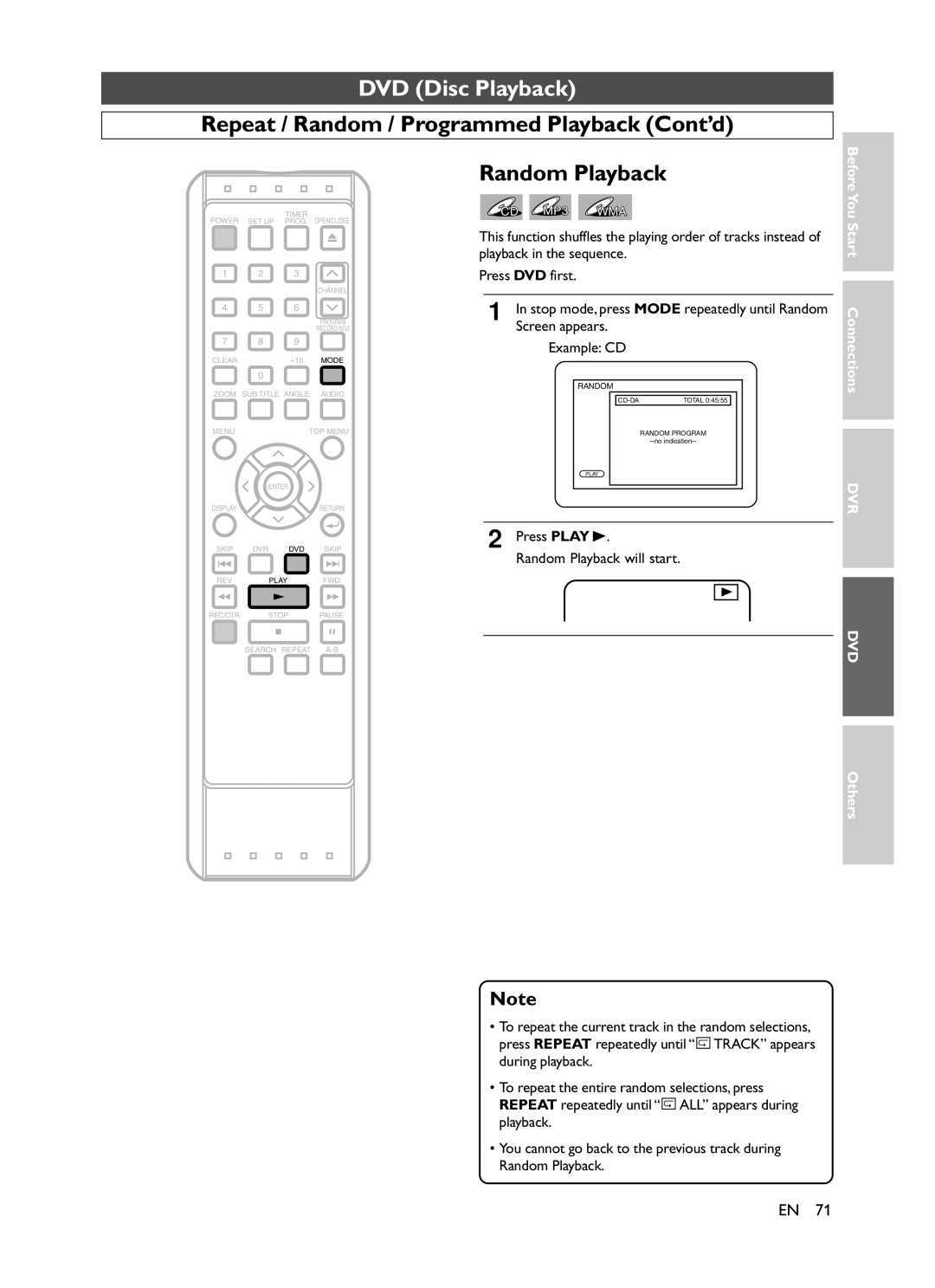 Symphonic CHSP80G owner manual Press Play B Random Playback will start 