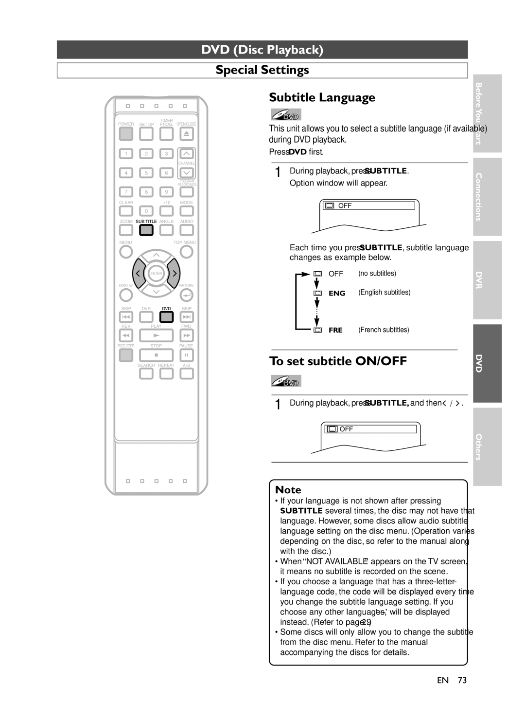 Symphonic CHSP80G Special Settings Subtitle Language, To set subtitle ON/OFF, During playback, press SUBTITLE, and then 