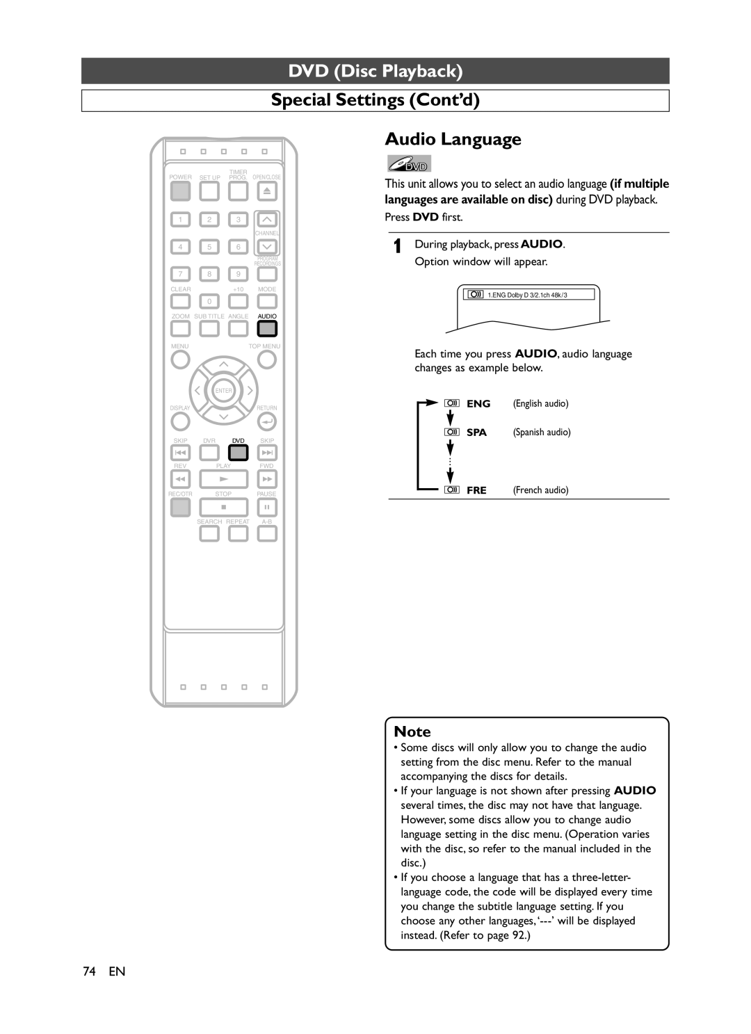 Symphonic CHSP80G owner manual Special Settings Cont’d Audio Language, Languages are available on disc during DVD playback 