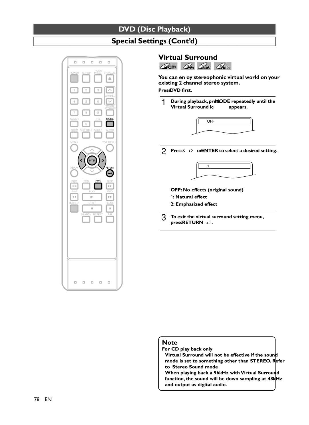 Symphonic CHSP80G owner manual Special Settings Cont’d Virtual Surround, For CD play back only 