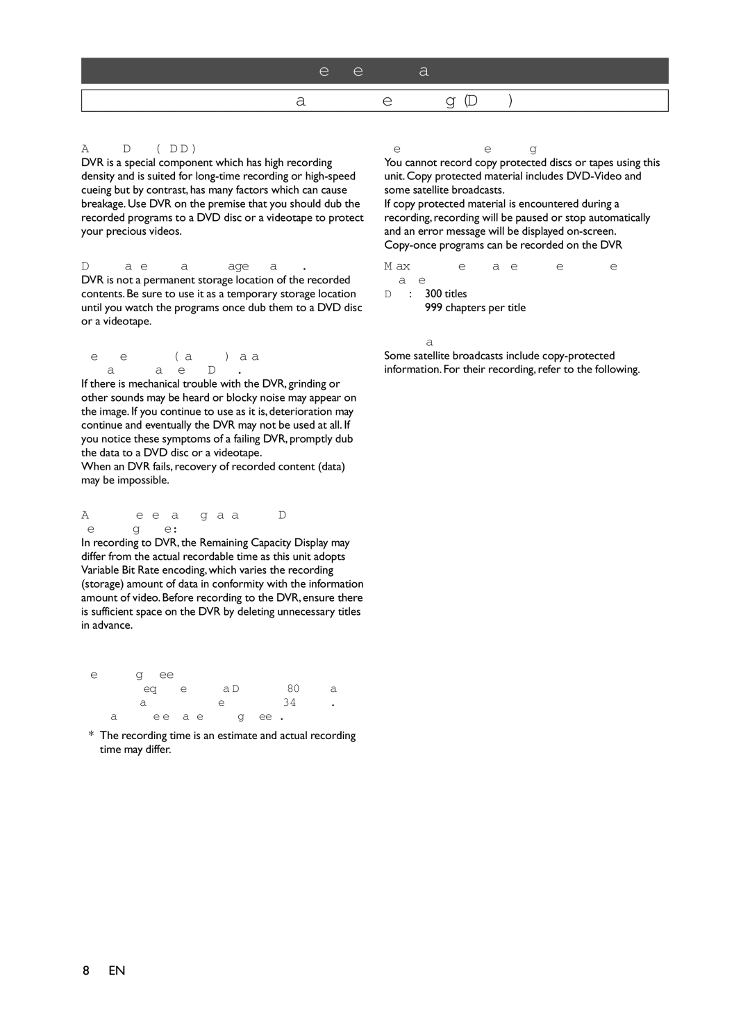 Symphonic CHSP80G owner manual Information on Recording DVR 